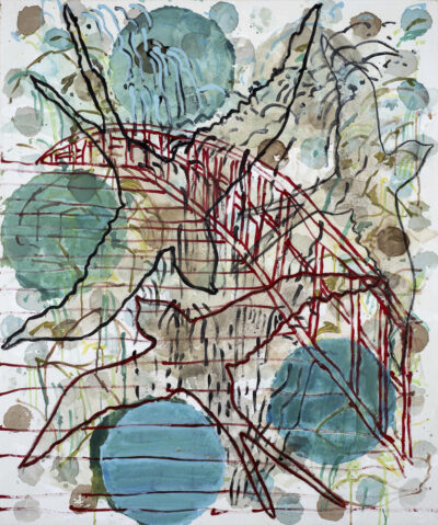 Oiseaux pont rouge,acrylique sur toile, 120x100 cm