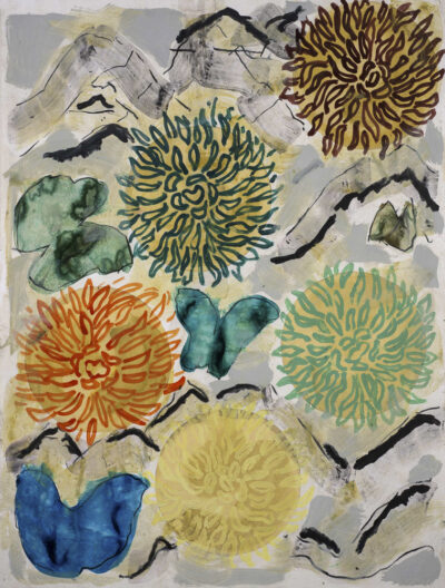 Papillons chrysanthèmes, acrylique sur papier marouflé 132x100 cm