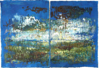 Paysage bleu 54x74cm encre et Pastel à l'huile sur papier chiffon
