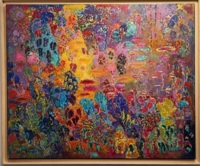 Jardin rose, huile sur toile 100x120 cm